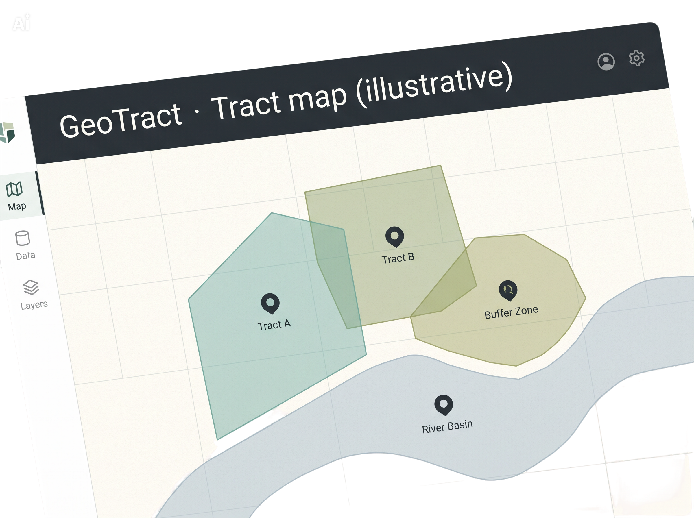 Illustrative map interface showing conservation tracts as polygons with task pins — not live GIS data. Caption: GeoTract · Tract map (illustrative).